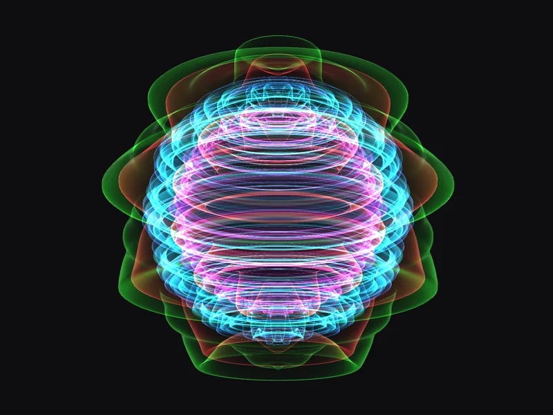 Ammonite Desktop's stage: six channels as glowing shells, one inside the other