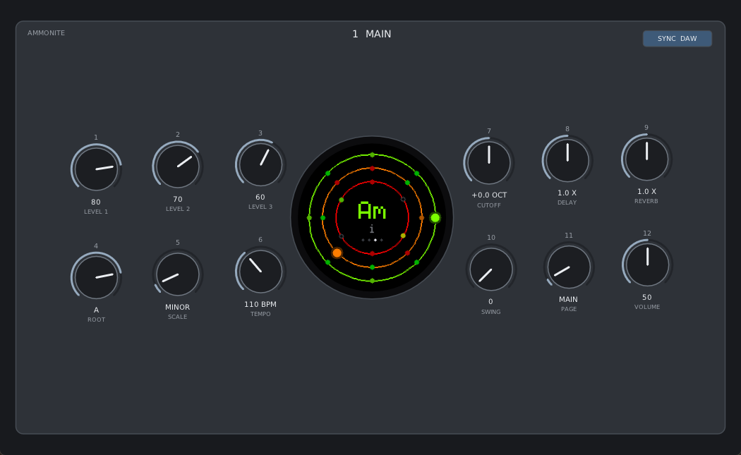 The Ammonite-Seed plugin: the panel with its twelve knobs and the round screen