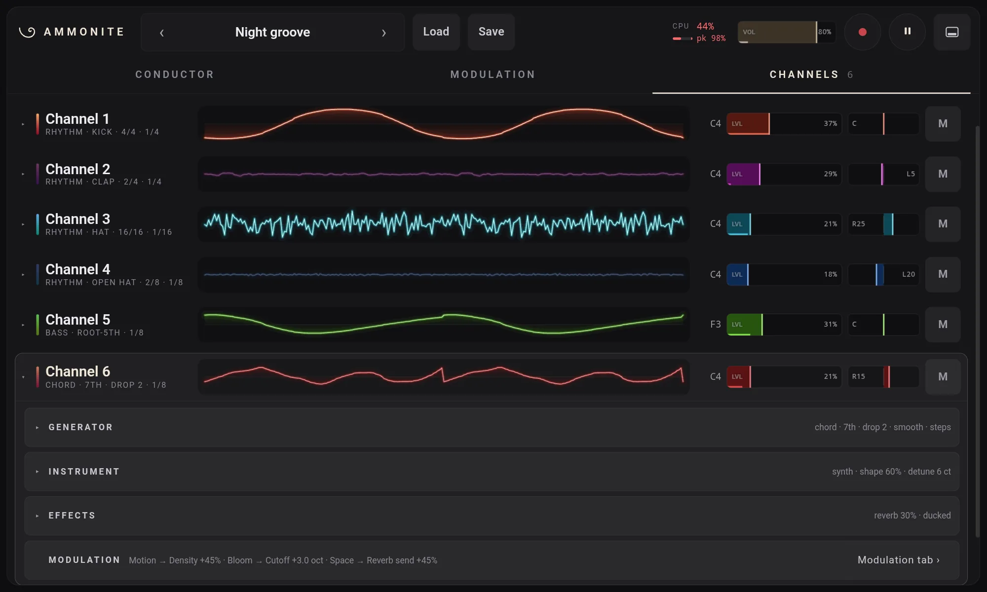 The Channels tab with the chord channel open: its Generator, Instrument, Effects and Modulation sections