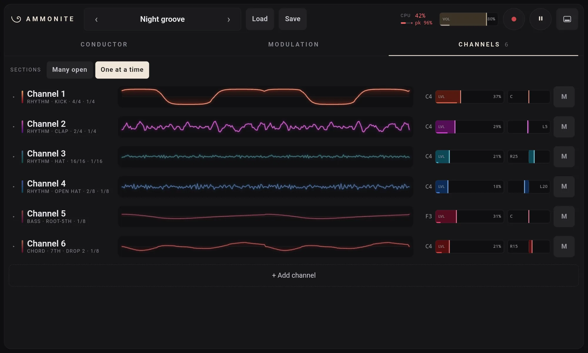 Ammonite Mini on the tablet playing Night groove: six channels of drums, bass and chords, each drawing its waveform