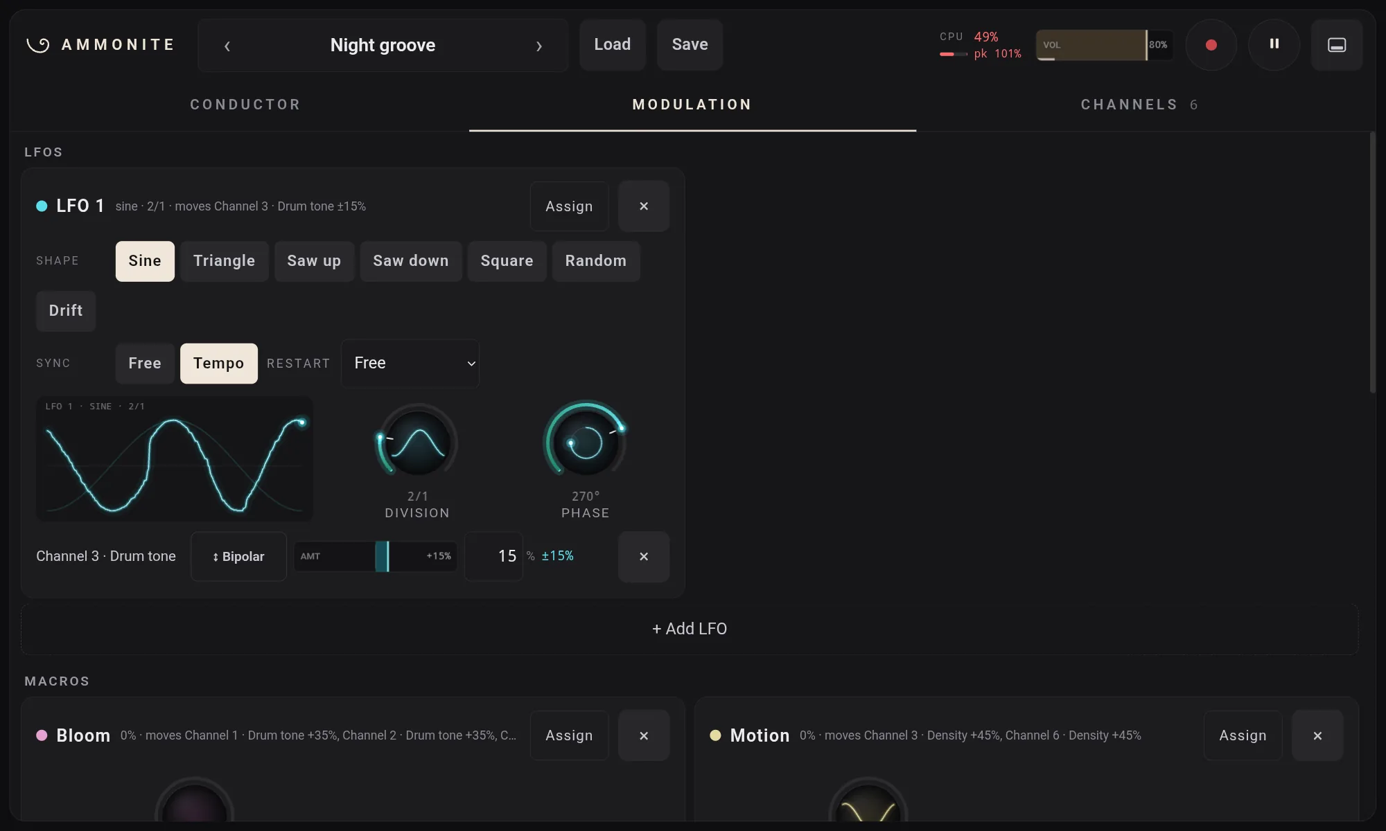 The Modulation tab: an LFO's shape, rate and phase, the knob it moves, and two macros
