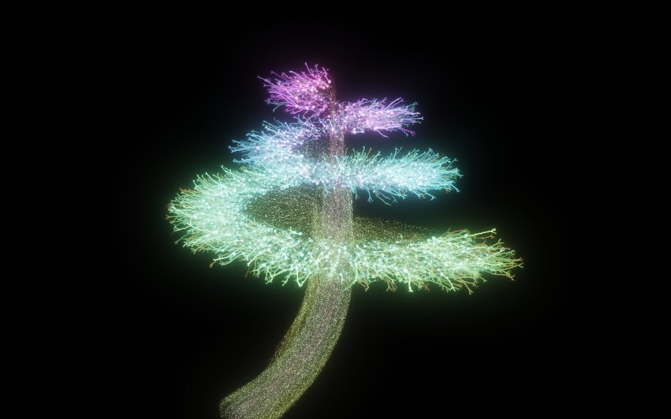 A spiral of auditory nerve cells around a twisting nerve, glowing purple, blue and green.